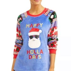 Ugly Christmas Pajama Top Happy Holla Days Cool Santa Sunglasses